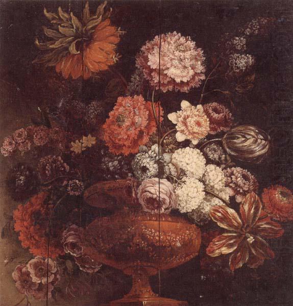 Still life of chrysanthemums,lilies,tulips,roses and other flowers in an ormolu vase, unknow artist
